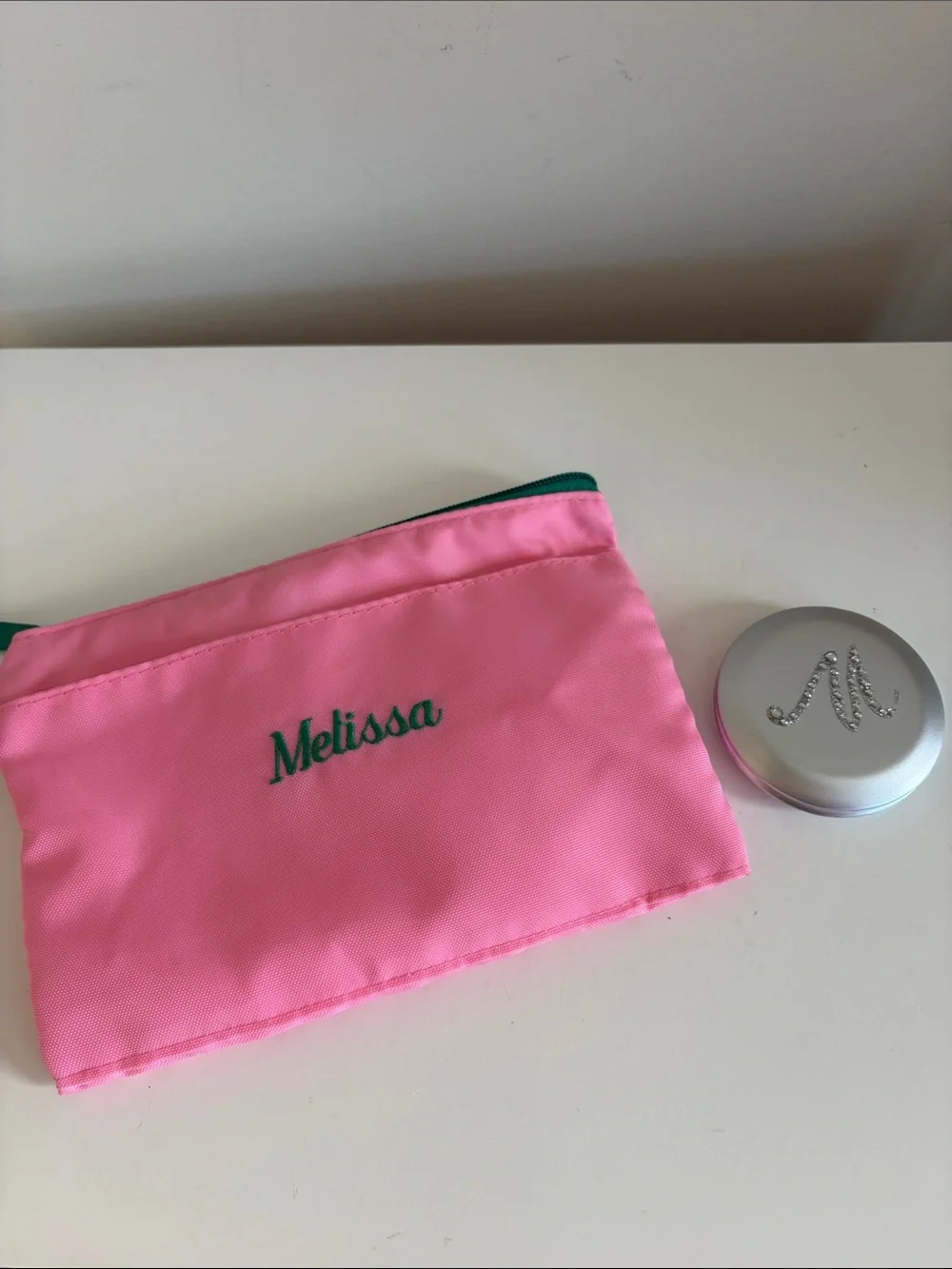 Personalized Pink Zipper Pouch with Green Embroidery & double Mirrors Mon Compac
